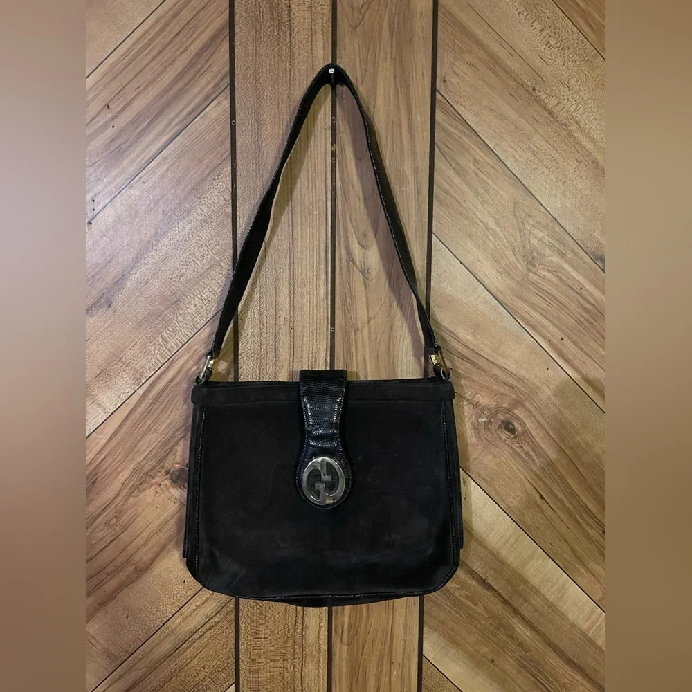 Vintage Gucci Blondie 1970’s Black Suede Leather Shoulder Bag GG Logo - Picture 2 of 15